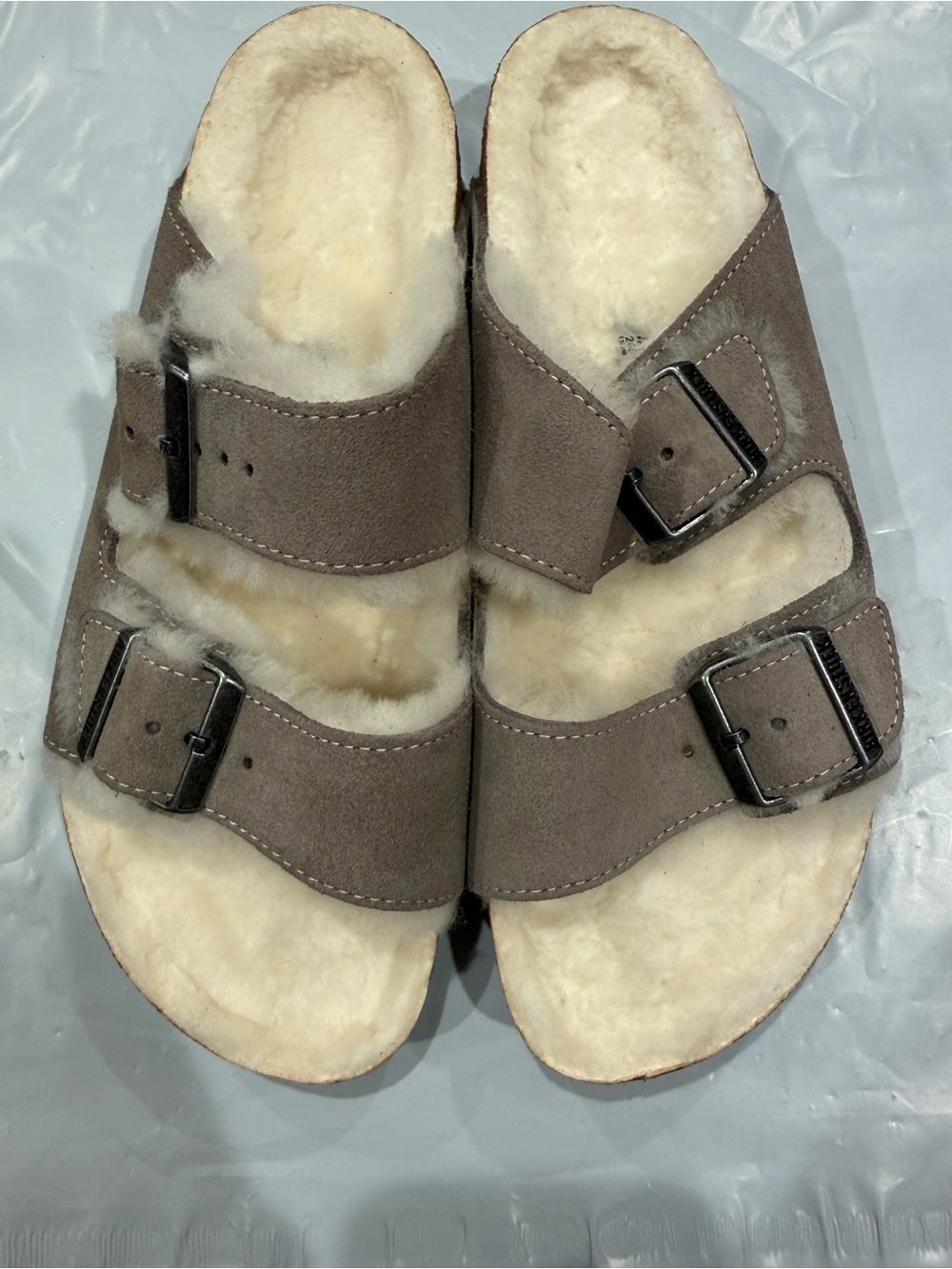 Birkenstock gray  Suede Double Buckle shearling Lined Sandals size 41